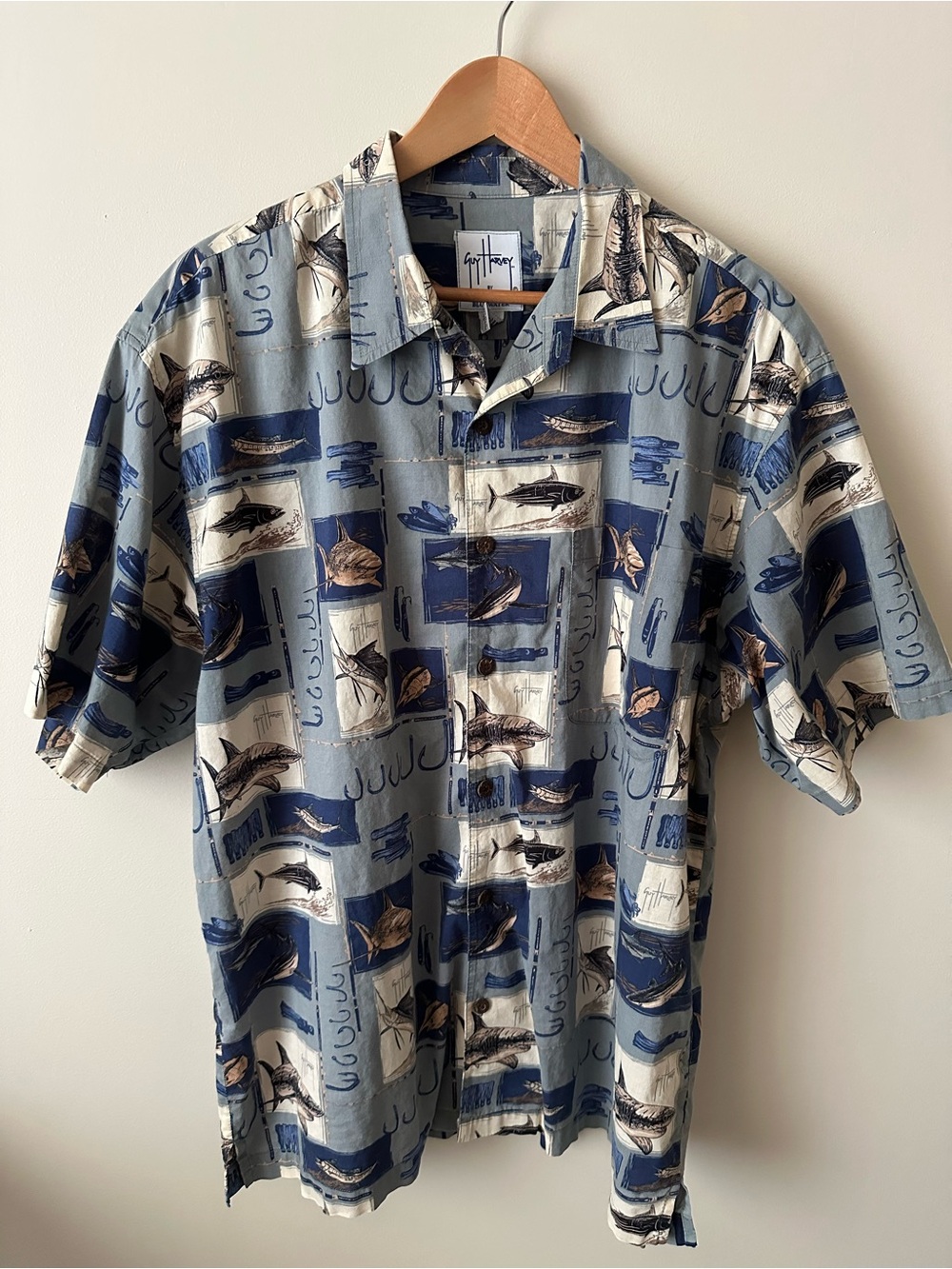 Guy Harvey Blue and Cream Marine Print Vintage Camp Shirt